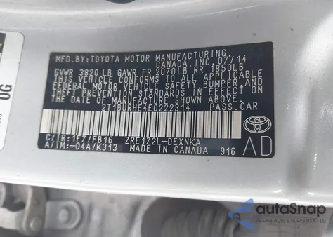 2014 Toyota Corolla Le z USA, uszkodzony, nr VIN 2T1BURHE4EC222314